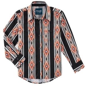 Wrangler Black and Orange Button Down Shirt with Geometric Patterns M